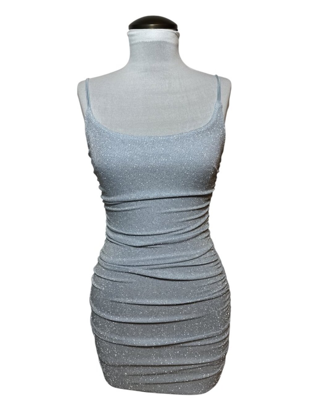 B. Darlin Light Blue Metalic Ruched Bodycon Mini Dress Size 0